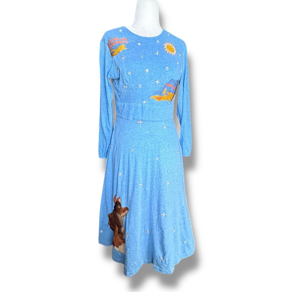eShakti Blue Embroidered Fox Sun Clouds Cotton Spandex Long Sleeve Dress